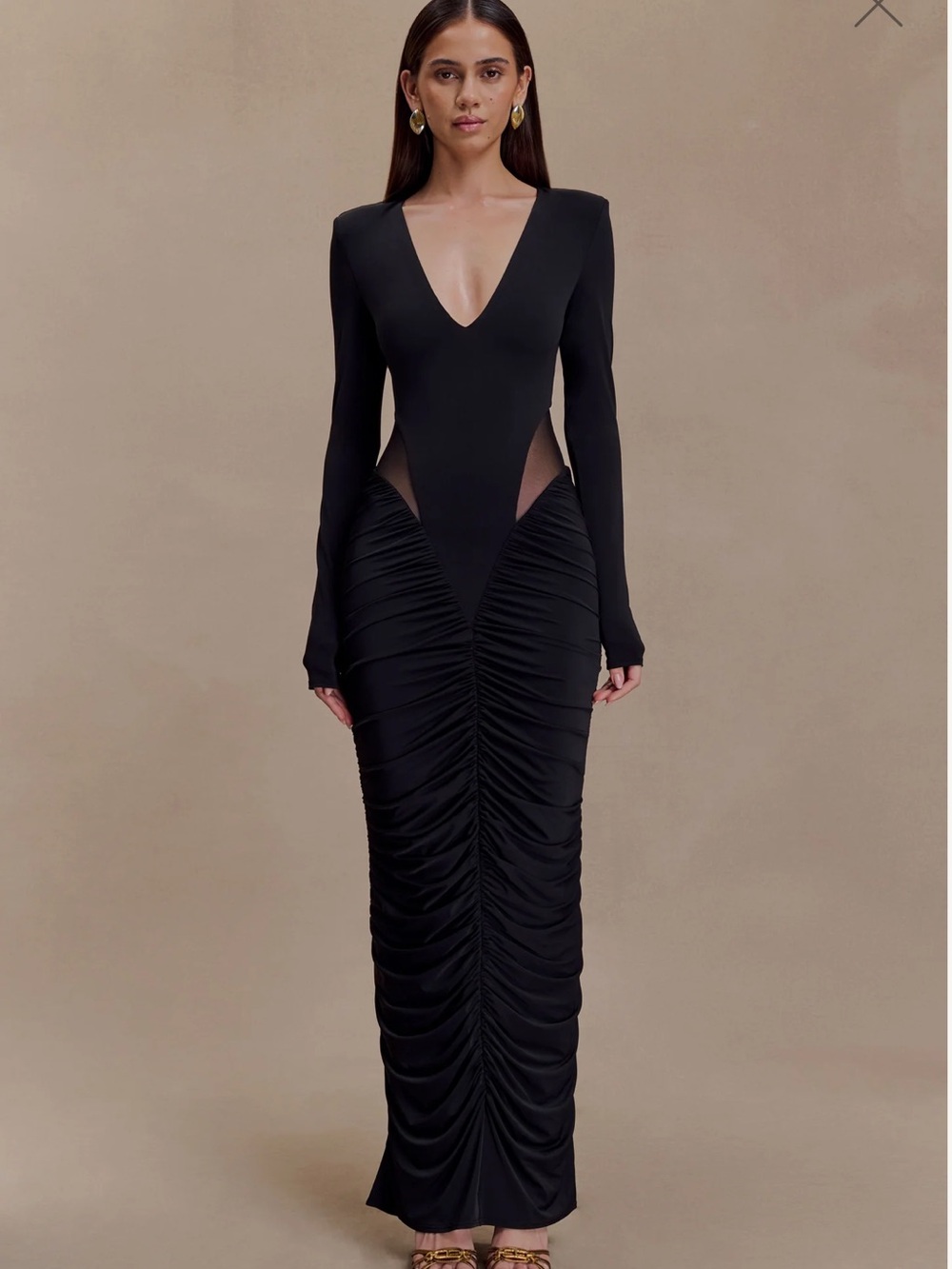 Meshki Black Long-Sleeve Ruched Maxi Dress